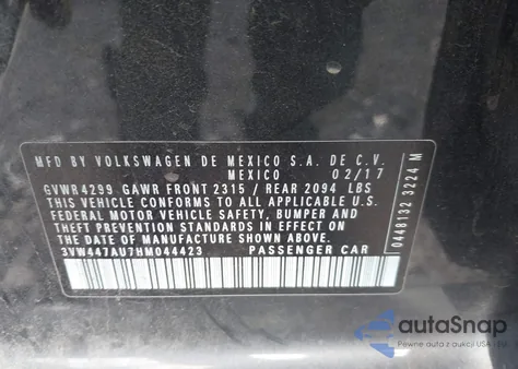 2017 Volkswagen Golf Gti Autobahn 4-Door/S 4-Door/Se 4-Door/Sport 4-Door z USA, uszkodzony, nr VIN 3VW447AU7HM044423